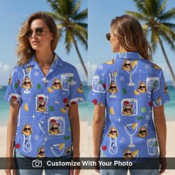Woman wearing blue Hawaiian shirt with sunglasses face and cocktail patterns outdoors