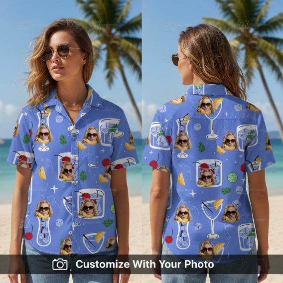 Woman wearing blue Hawaiian shirt with sunglasses face and cocktail patterns outdoors