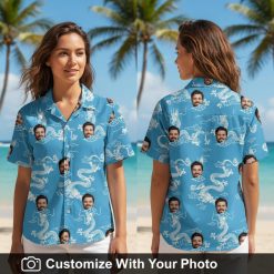 Woman wearing blue Hawaiian shirt with white dragon and custom face pattern outdoors