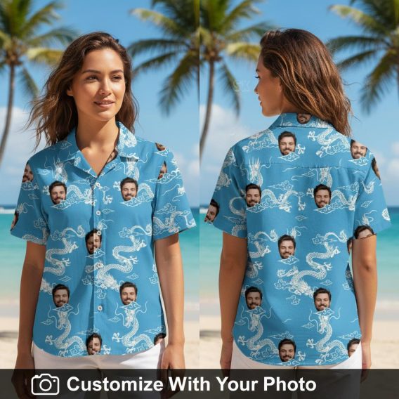 Woman wearing blue Hawaiian shirt with white dragon and custom face pattern outdoors