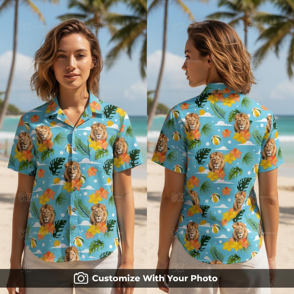 Woman in blue Hawaiian shirt with tribal lion print among hibiscus flowers