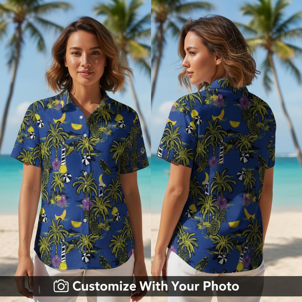 Woman wearing blue Hawaiian shirt with palm trees, pineapples, and hibiscus flowers