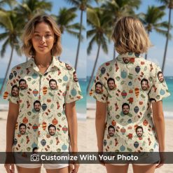 Festive Christmas Hawaiian shirt for women featuring face and holiday patterns