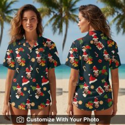 Woman in colorful Christmas Hawaiian shirt with Santa hats and holiday patterns