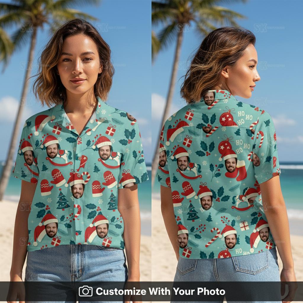 Woman wearing Christmas in July Hawaiian shirt with Santa hats and festive gifts