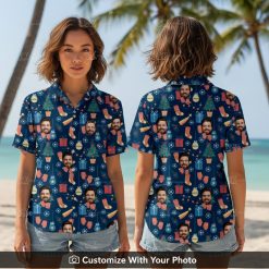 Woman wearing Christmas tiki shirt with face print, red mittens, ornaments, snowflakes