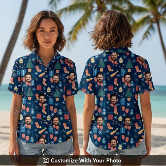 Woman wearing Christmas tiki shirt with face print, red mittens, ornaments, snowflakes