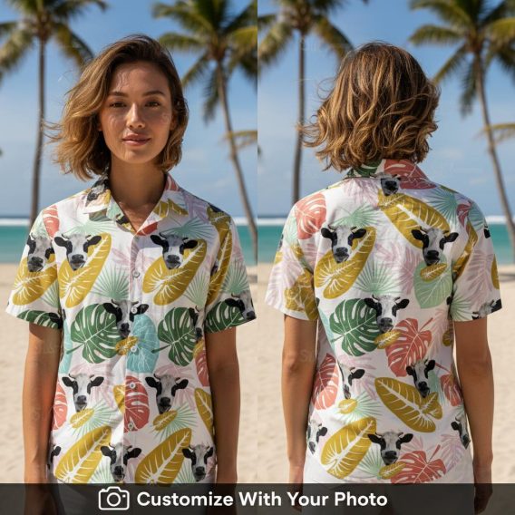 Woman wearing a vibrant cow print Hawaiian shirt with colorful tropical leaves outside