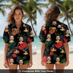 Woman wearing a custom face Hawaiian shirt with butterflies, vibrant tropical flowers