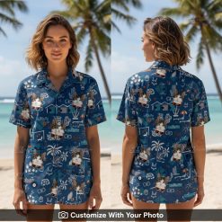 Woman wearing custom cat Hawaiian shirt with palm trees and orange cat faces