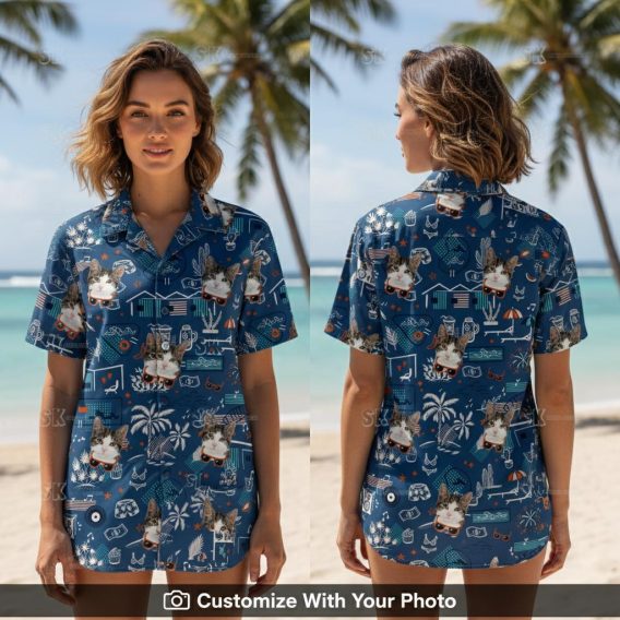 Woman wearing custom cat Hawaiian shirt with palm trees and orange cat faces
