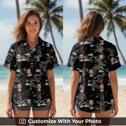 Woman wearing a custom Hawaiian shirt with black and white dragon and cloud pattern