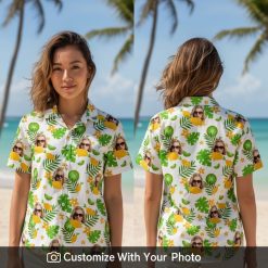 Trendy Hawaiian shirt with custom face print, green leaves, and yellow flowers design