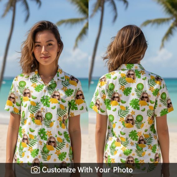 Trendy Hawaiian shirt with custom face print, green leaves, and yellow flowers design