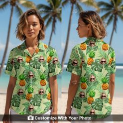Smiling woman wearing a custom face Hawaiian shirt with pineapples and tropical leaves