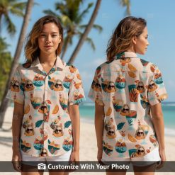 Woman wearing custom Hawaiian shirt with face, sunglasses, and tropical drinks pattern
