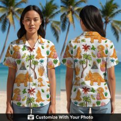 Woman wearing dinosaur hawaiian shirt with cartoon triceratops and palm trees