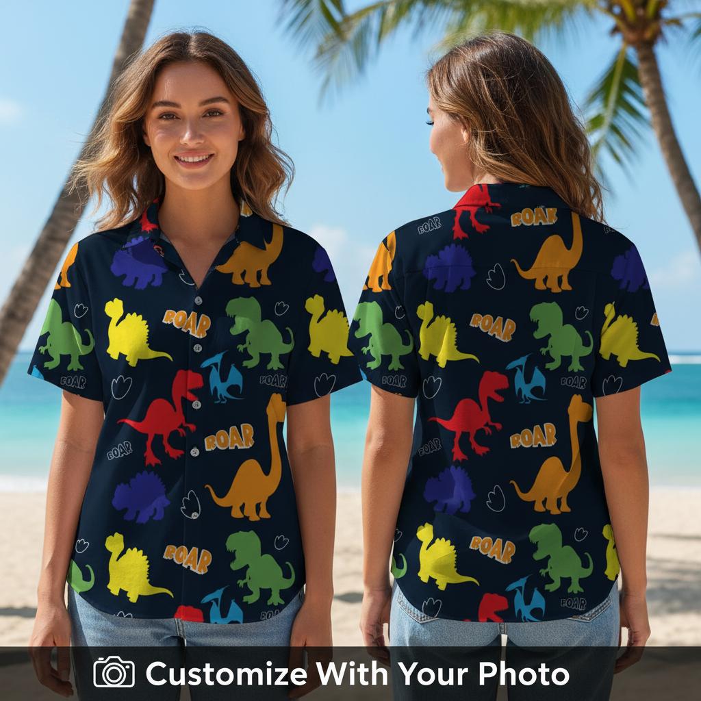 Woman wearing dinosaur Hawaiian shirt with colorful dinosaurs and 'ROAR' details