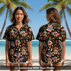 Woman wearing stylish Hawaiian shirt with face print and colorful fruit patterns