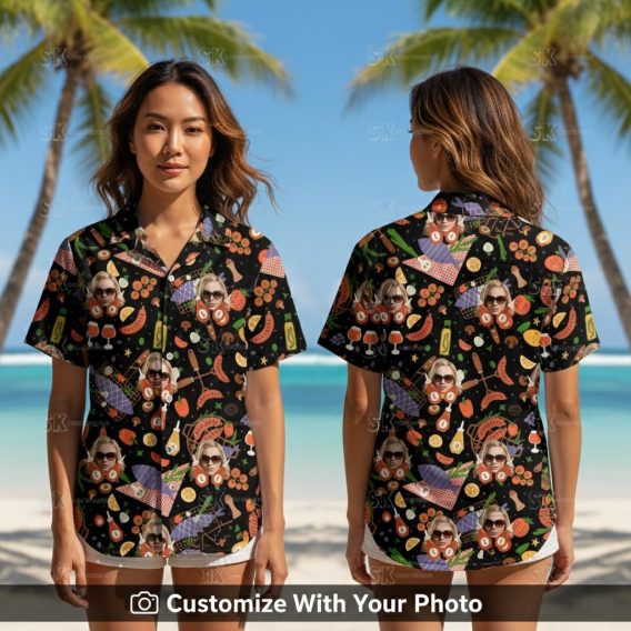 Woman wearing stylish Hawaiian shirt with face print and colorful fruit patterns