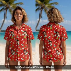 Woman wearing festive red Christmas Hawaiian shirt with Santa and Xmas icons