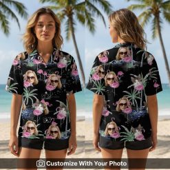 Woman in flamingo Hawaiian shirt with pink flair and palm tree tropical style