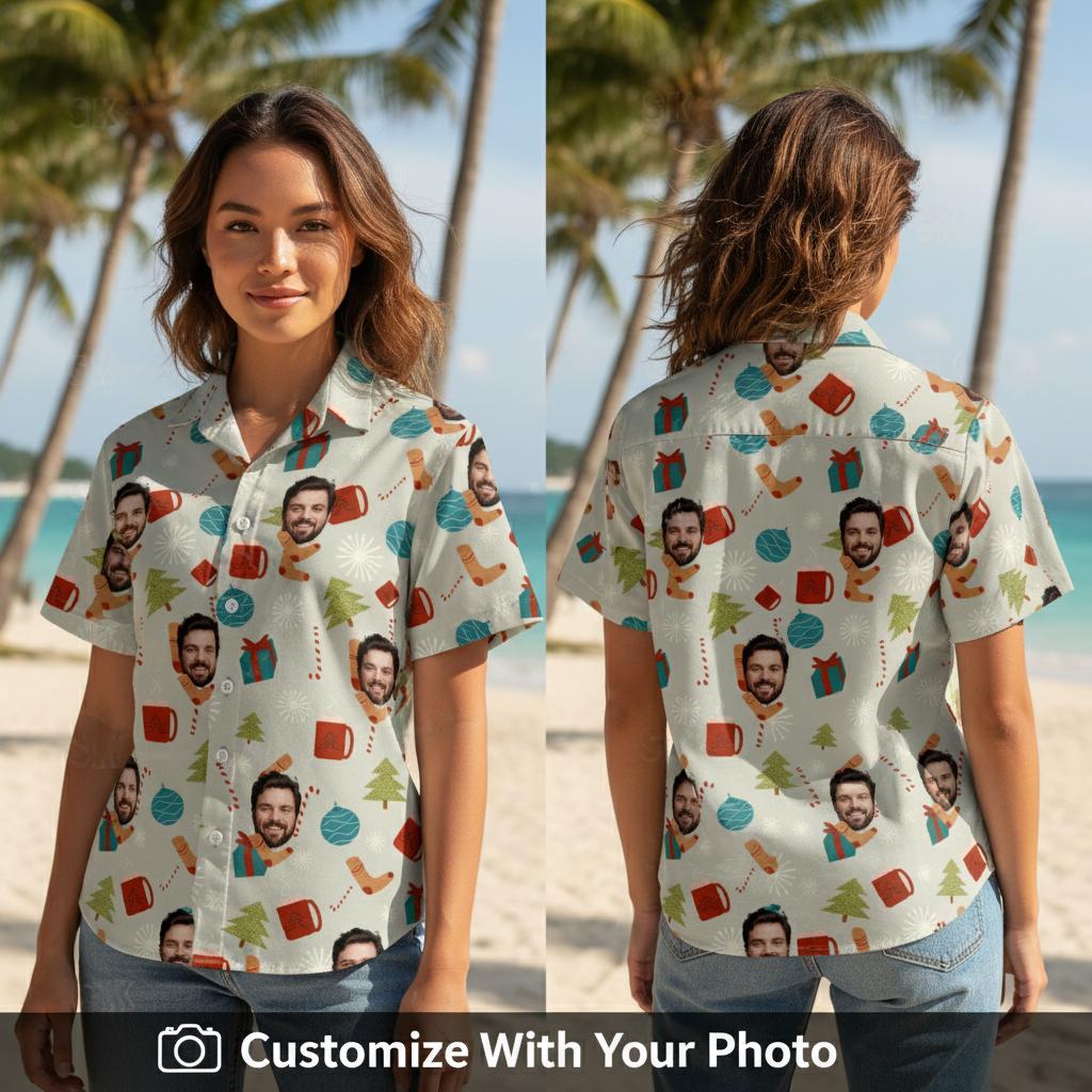 Woman wearing funny Christmas Hawaiian shirt with faces, gifts, trees, and candy canes