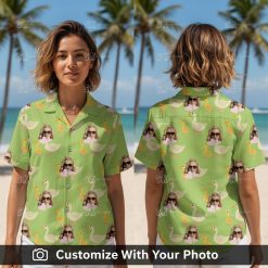 Woman wearing funny green Hawaiian shirt with ducks and sunglasses pattern outdoors