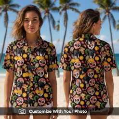 Woman wearing Mens Halloween Hawaiian shirt with black dog, skulls, and flowers at a party