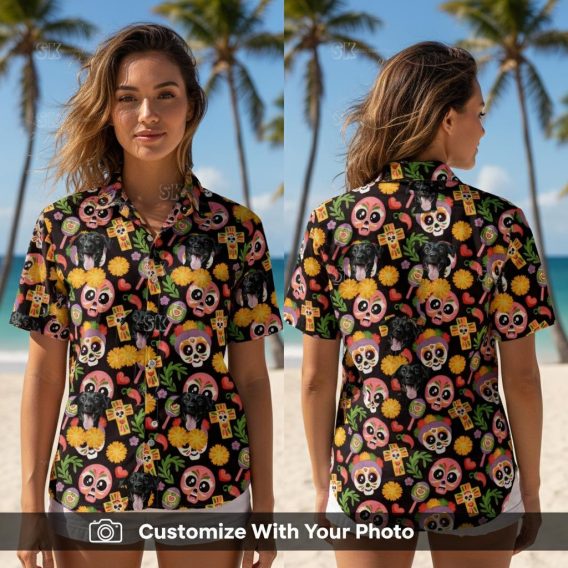 Woman wearing Mens Halloween Hawaiian shirt with black dog, skulls, and flowers at a party