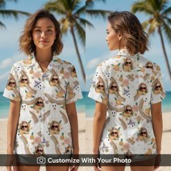 Woman in Halloween themed Hawaiian shirt with ghosts, flowers, and pastel rainbows