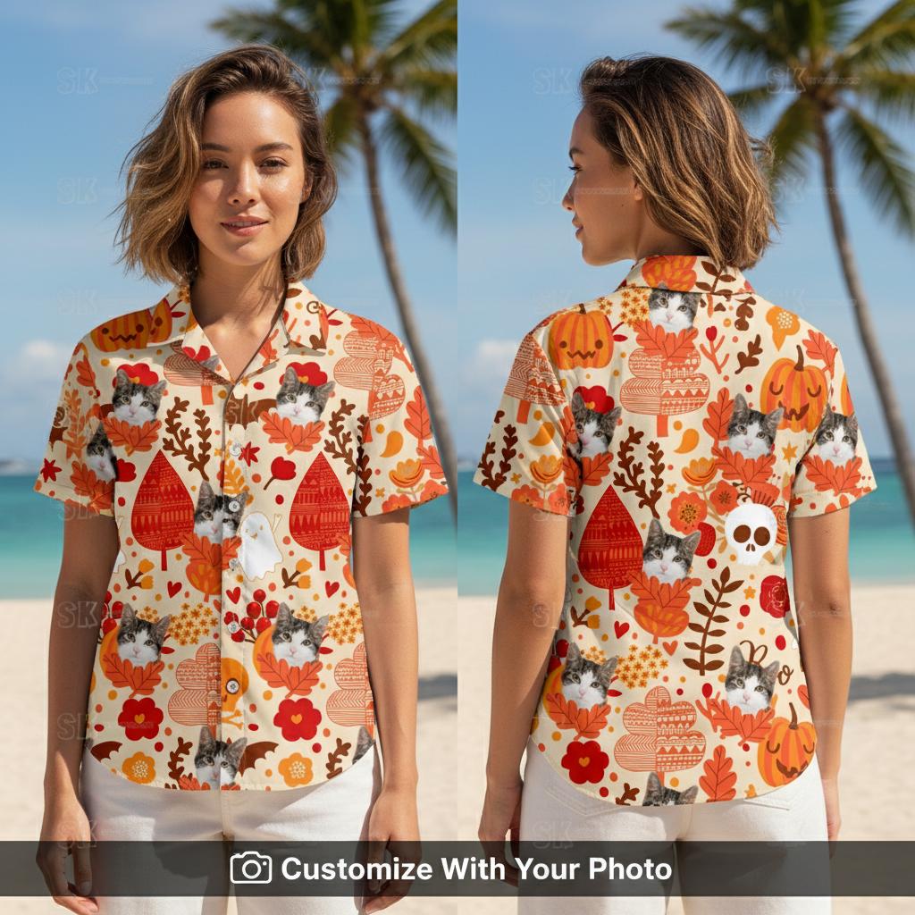 Woman wearing Halloween Hawaiian shirt with cat, pumpkins and autumn leaves outdoors
