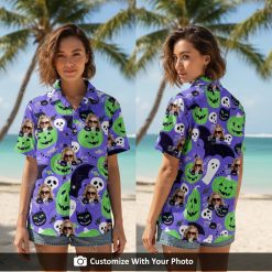 Woman wears Halloween Hawaiian shirt with green pumpkins, bats, and skulls outside