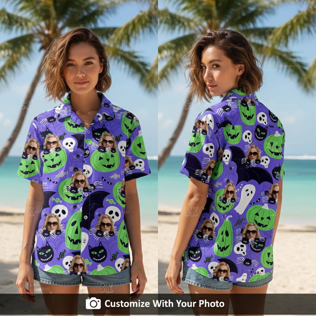 Woman wears Halloween Hawaiian shirt with green pumpkins, bats, and skulls outside