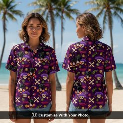 Woman wearing Halloween Tiki Shirt with black dog, skulls, and tropical flowers