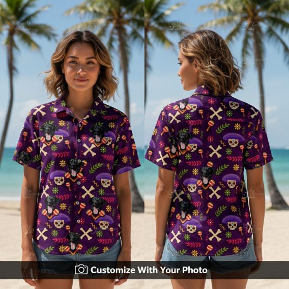 Woman wearing Halloween Tiki Shirt with black dog, skulls, and tropical flowers