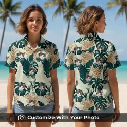 Woman wearing Hawaiian shirt with custom cat face and tropical leaf pattern outdoors