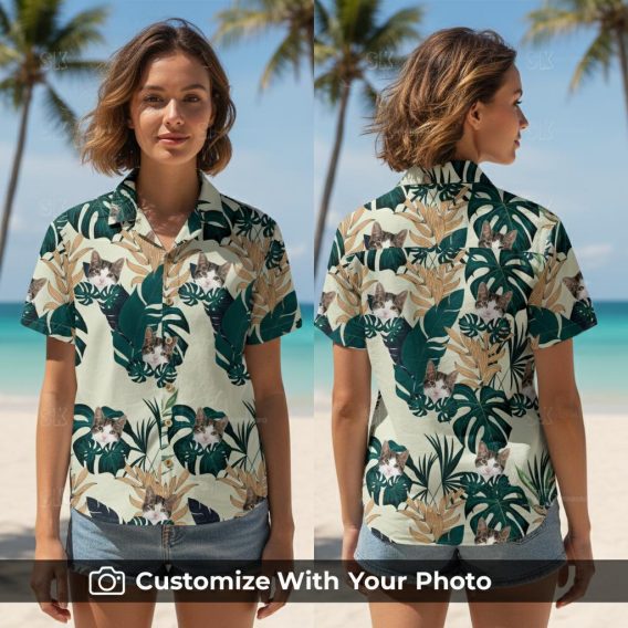 Woman wearing Hawaiian shirt with custom cat face and tropical leaf pattern outdoors