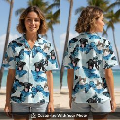Woman wearing Hawaiian cat shirt with blue butterflies and custom face design