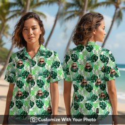 Woman wearing Hawaiian print shirt with custom face, green monstera leaves design