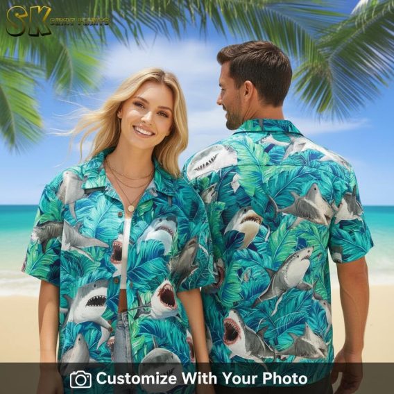 Woman wearing tropical Hawaiian shirt with sharks and blue-green leaf print on vacation