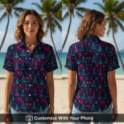 Woman wearing neon Christmas tree Hawaiian shirt with vibrant geometric patterns