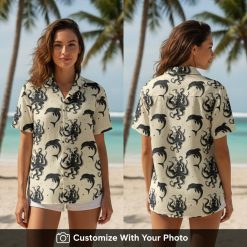 Woman wearing octopus Hawaiian shirt with black dolphins on cream background outdoors