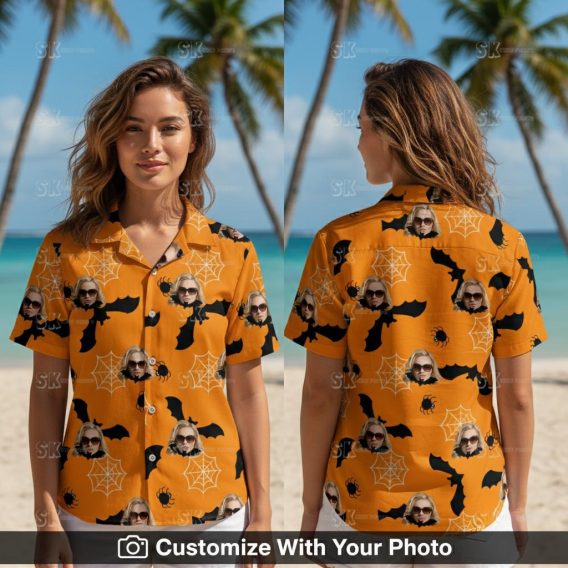 Woman wearing orange and black Hawaiian shirt with bats and spider webs for Halloween