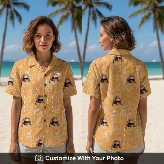 Woman in vibrant orange Hawaiian shirt with sunglasses face and cocktail pattern