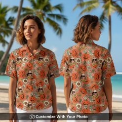 Woman wearing orange Hawaiian shirt with pumpkin faces, florals, and custom portraits