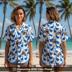 Woman wearing Oregon Duck Hawaiian shirt with blue geese, custom sunglasses face