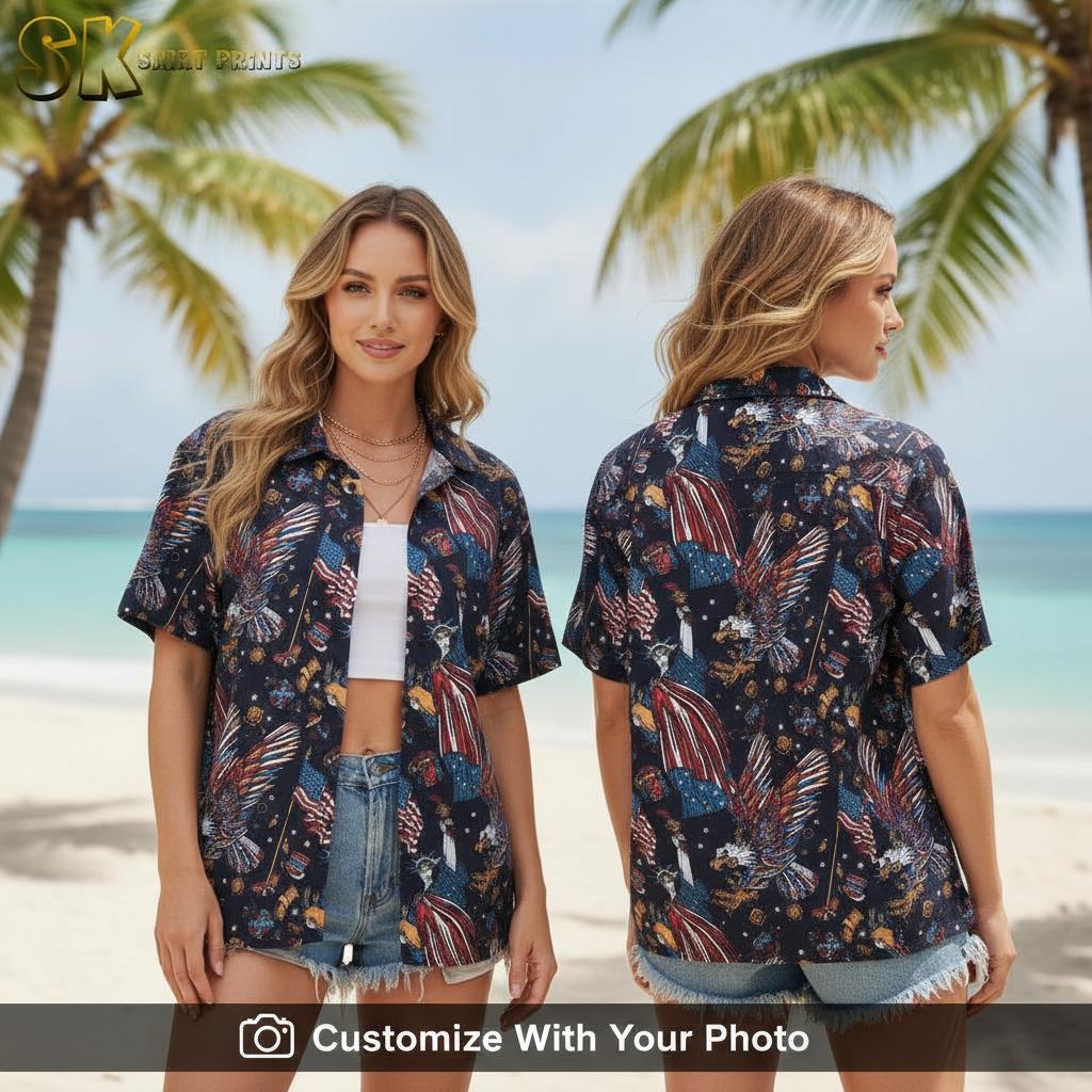 Women's patriotic Hawaiian shirt with eagles, stars, and American flags design