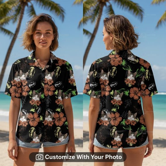 Woman wearing custom cat Hawaiian shirt with hibiscus and tropical leaves by the beach