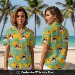Woman wearing plus size Hawaiian shirt with yellow ducks, sunglasses, and pink hearts